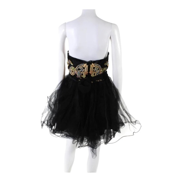 SHERRI HILL Black Gold Embroidered Tulle Strapless Mini Cocktail Dress Size 2 - Picture 4 of 7